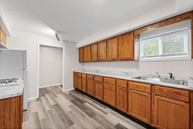 1010 N Neil St, Champaign, IL 61820 - kitchen with brown cabinets, light countertops, light wood-style floors, and freestanding refrigerator