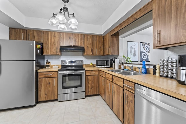 15141 Quail Hollow Dr Unit 106, Orland Park, IL 60462 - kitchen with appliances with stainless steel finishes, under cabinet range hood, a chandelier, light countertops, and decorative backsplash