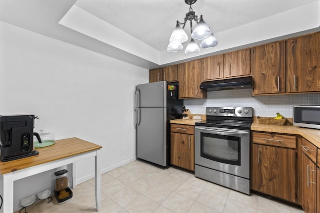 15141 Quail Hollow Dr Unit 106, Orland Park, IL 60462 - kitchen featuring stainless steel appliances, under cabinet range hood, a chandelier, and decorative backsplash