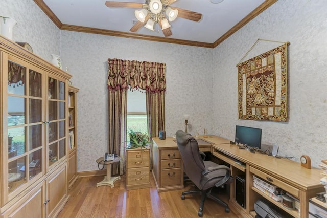 12571 W 3000 N Rd, Bonfield, IL 60913 - office space featuring ornamental molding, light wood-type flooring, ceiling fan, and wallpapered walls