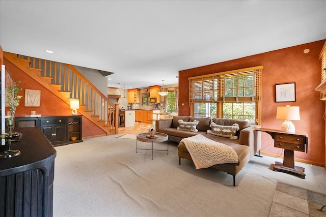 531 N Easy St, Palatine, IL 60067 - living room featuring carpet floors, stairway, and recessed lighting