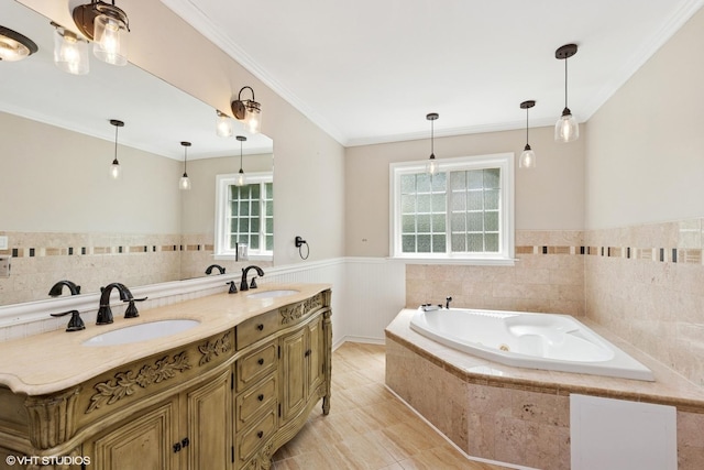236 Forest Dr, Island Lake, IL 60042 - full bathroom with a bath, crown molding, wainscoting, double vanity, and tile patterned floors
