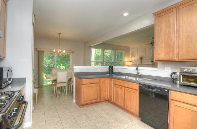 1420 Yellowstone Dr, Streamwood, IL 60107 - kitchen with appliances with stainless steel finishes, a chandelier, light tile patterned flooring, recessed lighting, and dark countertops