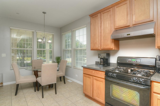1420 Yellowstone Dr, Streamwood, IL 60107 - kitchen featuring black range with gas cooktop, exhaust hood, a chandelier, light tile patterned flooring, and pendant lighting