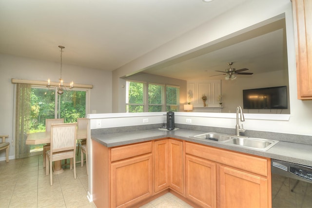 1420 Yellowstone Dr, Streamwood, IL 60107 - kitchen with dishwasher, light tile patterned flooring, a chandelier, hanging light fixtures, and ceiling fan