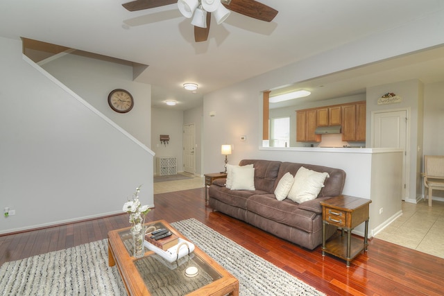 1420 Yellowstone Dr, Streamwood, IL 60107 - living area with ceiling fan, wood-type flooring, and stairs