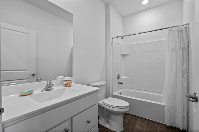 927 Darwin St, North Aurora, IL 60542 - bathroom with vanity, shower / bathtub combination with curtain, wood finished floors, and recessed lighting