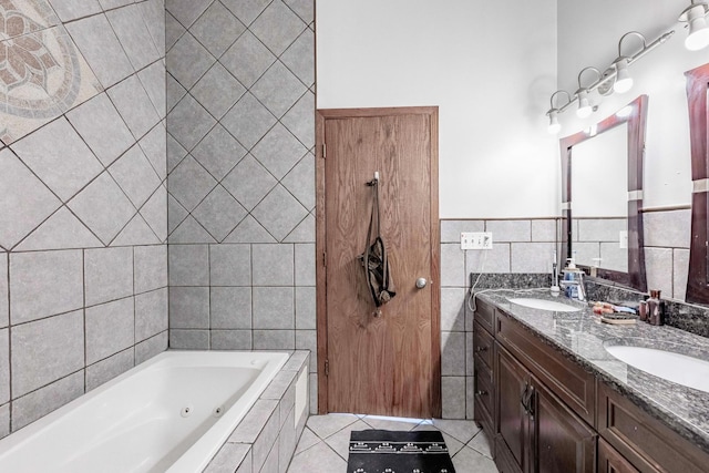 1918 W Cermak Rd Unit 4, Chicago, IL 60608 - full bathroom with tile walls, a whirlpool tub, double vanity, and tile patterned flooring