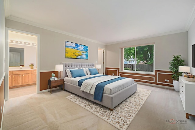 707 Wedgewood Trl, Mchenry, IL 60050 - bedroom with light carpet, ornamental molding, a wainscoted wall, and connected bathroom