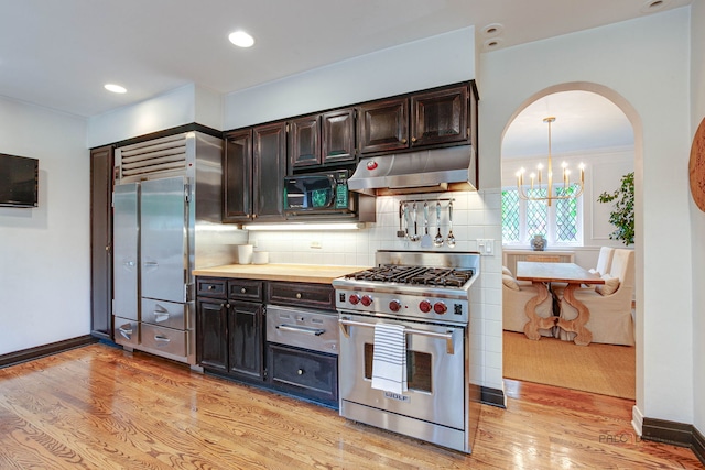 670 S Green Bay Rd, Lake Forest, IL 60045 - kitchen featuring high quality appliances, under cabinet range hood, light wood finished floors, backsplash, and recessed lighting