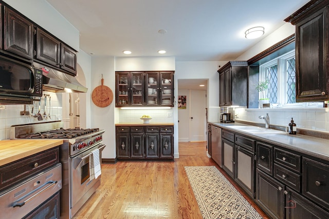 670 S Green Bay Rd, Lake Forest, IL 60045 - kitchen featuring stainless steel appliances, tasteful backsplash, light wood-type flooring, under cabinet range hood, and recessed lighting