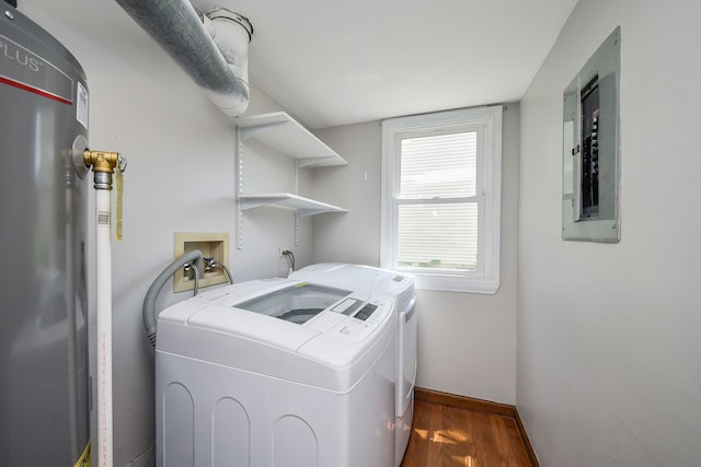 27W098 Walnut Dr, Winfield, IL 60190 - laundry room with washer and clothes dryer, gas water heater, electric panel, and dark wood-style floors
