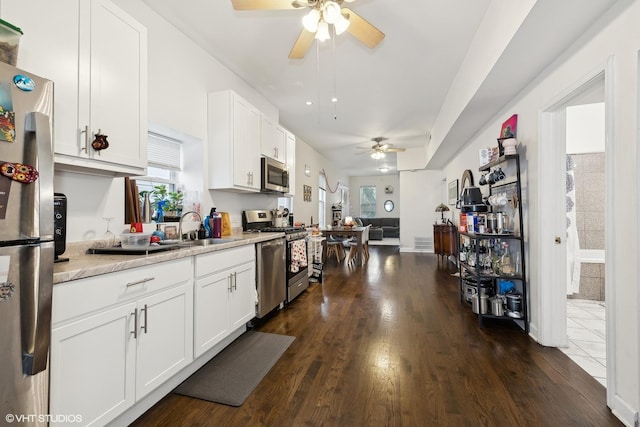 2076 N Campbell Ave, Chicago, IL 60647 - kitchen with stainless steel appliances, ceiling fan, plenty of natural light, and dark wood-style floors