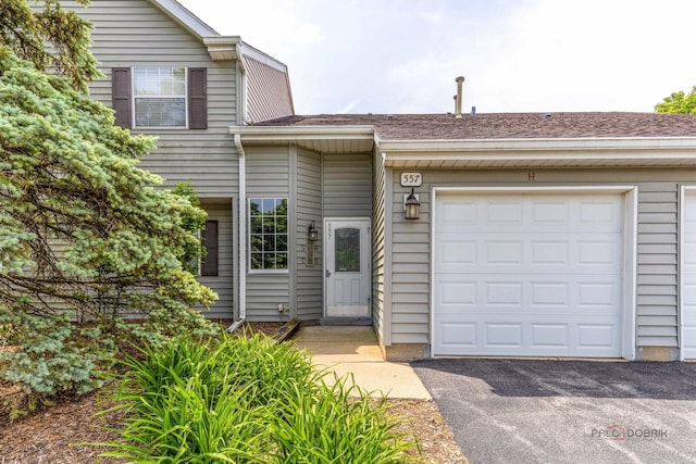 557 E Shag Bark Ln Unit H, Streamwood, IL 60107 - view of front facade with a garage, driveway, and roof with shingles