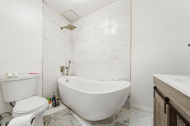 1516 E 74th Pl, Chicago, IL 60619 - bathroom featuring marble look tiles, a freestanding tub, and vanity