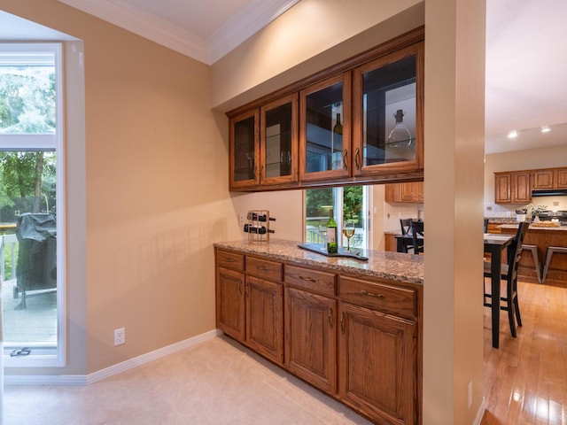 15955 Raintree Rd, Bloomington, IL 61705 - bar area featuring under cabinet range hood, crown molding, and recessed lighting