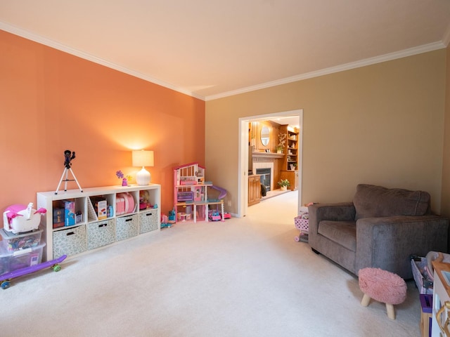 15955 Raintree Rd, Bloomington, IL 61705 - recreation room with crown molding, carpet flooring, and a fireplace
