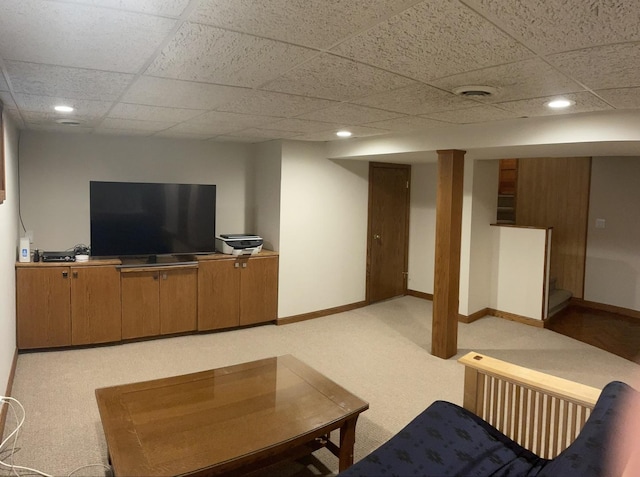 7641 W Hortense Ave, Chicago, IL 60631 - living room featuring light colored carpet, a paneled ceiling, recessed lighting, and stairway
