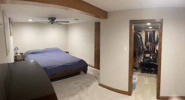 7641 W Hortense Ave, Chicago, IL 60631 - bedroom with a spacious closet, light colored carpet, recessed lighting, beamed ceiling, and ceiling fan
