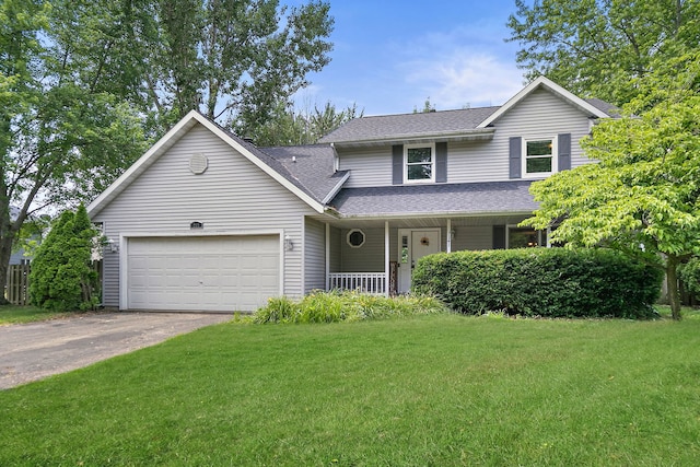 219 N Nina St, Cortland, IL 60112 - traditional home with covered porch, concrete driveway, a front yard, an attached garage, and a shingled roof