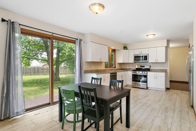 219 N Nina St, Cortland, IL 60112 - kitchen with appliances with stainless steel finishes, white cabinets, and stone counters