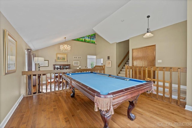 978 Merrimac Cir, Naperville, IL 60540 - rec room featuring a chandelier, wood finished floors, billiards table, and lofted ceiling