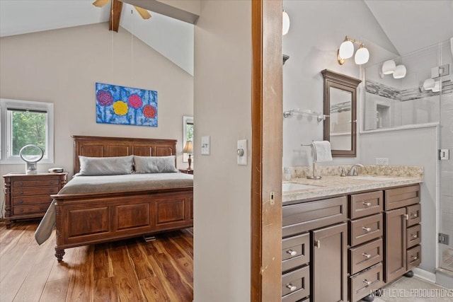 978 Merrimac Cir, Naperville, IL 60540 - bedroom featuring wood finished floors, beamed ceiling, and high vaulted ceiling