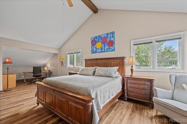 978 Merrimac Cir, Naperville, IL 60540 - bedroom featuring beam ceiling, wood finished floors, high vaulted ceiling, ceiling fan, and a desk