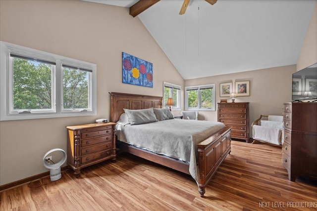978 Merrimac Cir, Naperville, IL 60540 - bedroom with light wood-type flooring, beamed ceiling, high vaulted ceiling, and ceiling fan