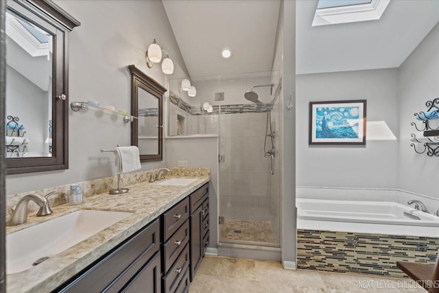978 Merrimac Cir, Naperville, IL 60540 - bathroom with a shower stall, a bath, double vanity, a skylight, and tile patterned flooring