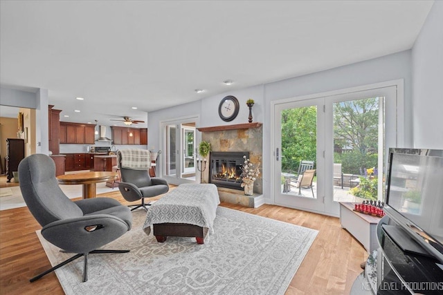 978 Merrimac Cir, Naperville, IL 60540 - living area featuring a fireplace, light wood finished floors, recessed lighting, and ceiling fan