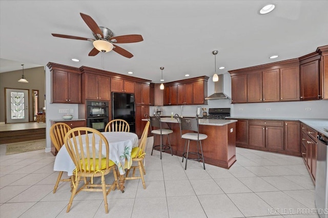 978 Merrimac Cir, Naperville, IL 60540 - kitchen with wall chimney exhaust hood, black appliances, recessed lighting, a ceiling fan, and pendant lighting