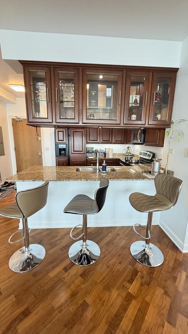 1841 S Calumet Ave Unit 2102, Chicago, IL 60616 - bar area with wood finished floors and stainless steel range with electric stovetop