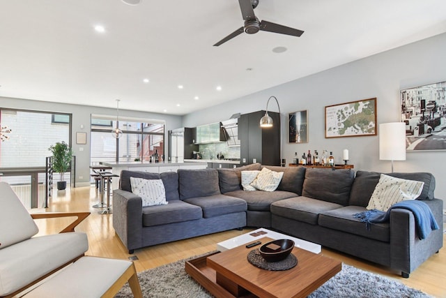 1529 W Chestnut St Unit 102, Chicago, IL 60642 - living area with ceiling fan, light wood-style flooring, and recessed lighting