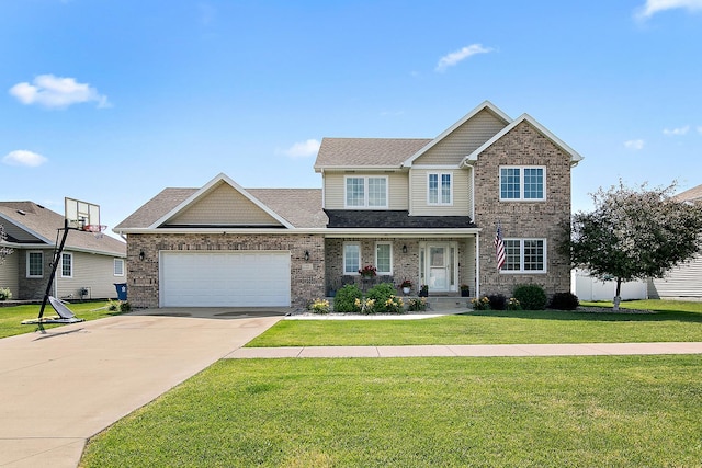 2225 Prairie Chase Dr, Bourbonnais, IL 60914 - craftsman house with an attached garage, driveway, a front lawn, and brick siding