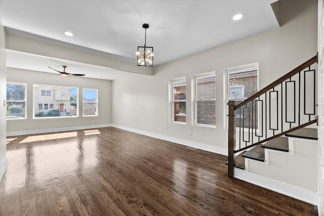 1706 S 9th Ave, Maywood, IL 60153 - unfurnished living room featuring wood finished floors, stairs, a chandelier, recessed lighting, and a ceiling fan