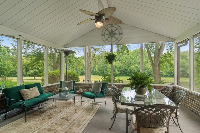 870 Georgetowne Ln, Barrington, IL 60010 - sunroom / solarium featuring an outdoor hangout area, ceiling fan, lofted ceiling, view of scattered trees, and outdoor dining area