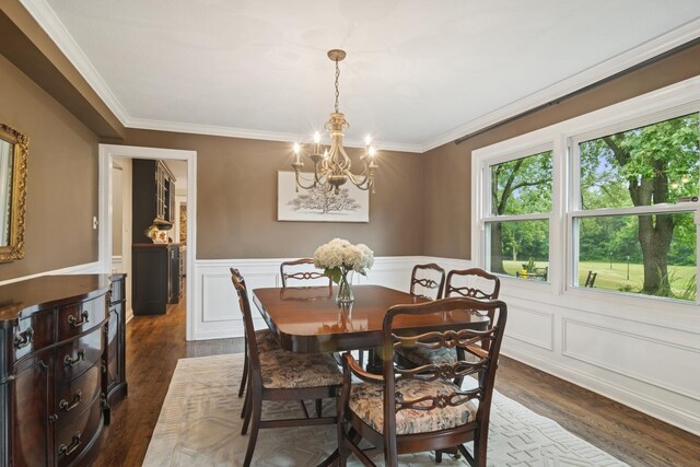 870 Georgetowne Ln, Barrington, IL 60010 - dining room with a chandelier, dark wood finished floors, ornamental molding, a wainscoted wall, and a decorative wall