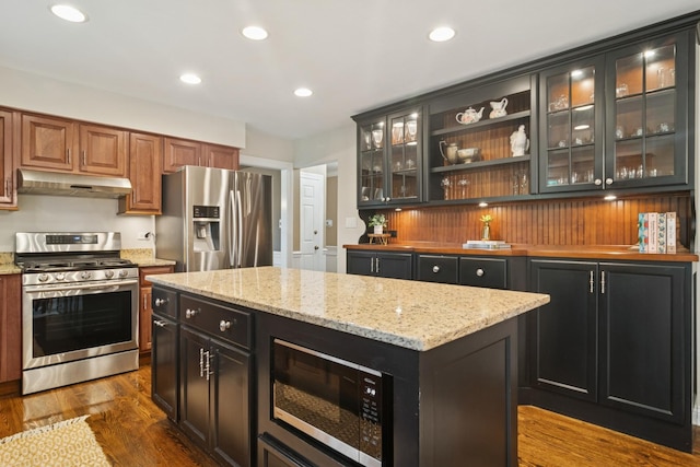 870 Georgetowne Ln, Barrington, IL 60010 - kitchen with stainless steel appliances, under cabinet range hood, dark wood-type flooring, glass insert cabinets, and recessed lighting