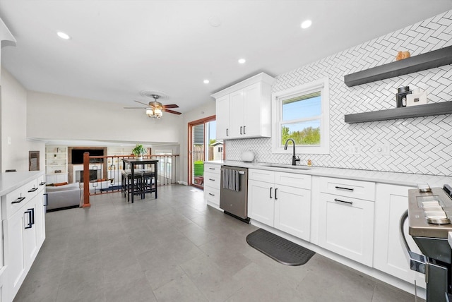 14424 S Pheasant Ln, Homer Glen, IL 60491 - kitchen featuring stainless steel dishwasher, light countertops, tasteful backsplash, a ceiling fan, and white cabinets