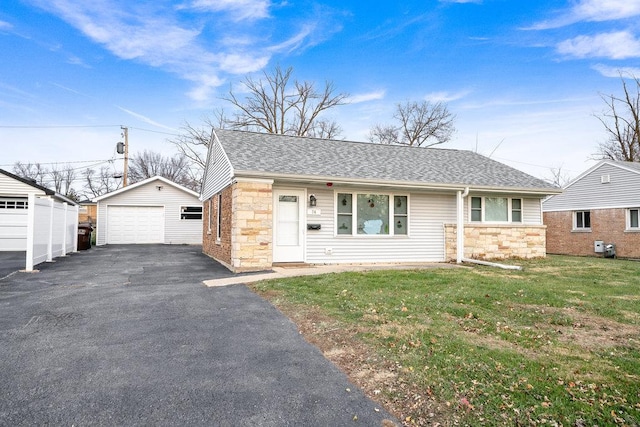 74 Marquette St, Park Forest, IL 60466 - ranch-style home featuring stone siding, a garage, an outdoor structure, and a shingled roof