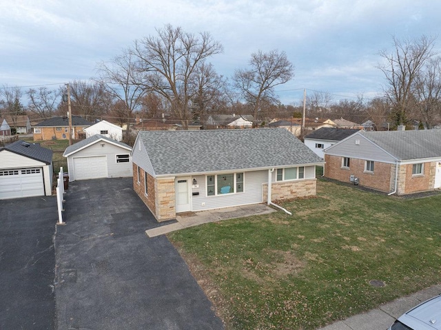 74 Marquette St, Park Forest, IL 60466 - view of front of house with a garage, an outdoor structure, stone siding, a residential view, and roof with shingles