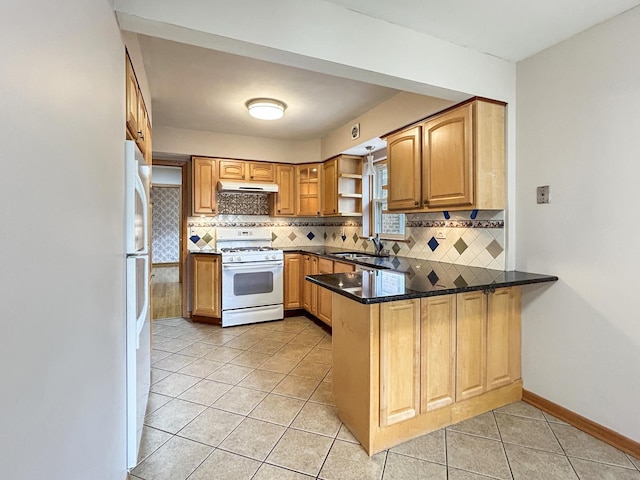 4841 N Natchez Ave, Chicago, IL 60656 - kitchen featuring white appliances, a peninsula, open shelves, under cabinet range hood, and decorative backsplash