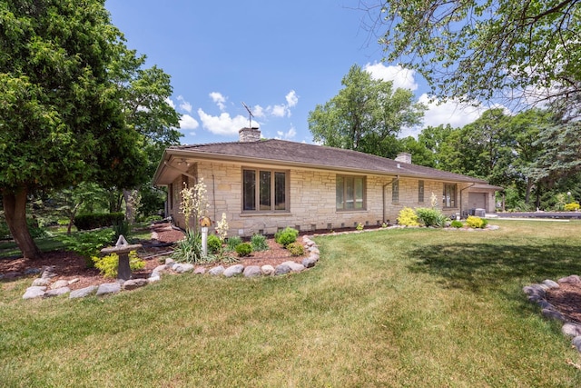 1090 Roselle Rd, Inverness, IL 60067 - single story home featuring a chimney, stone siding, a front lawn, and an attached garage