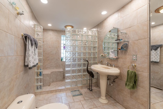 1090 Roselle Rd, Inverness, IL 60067 - full bathroom with tile walls, walk in shower, tile patterned flooring, and recessed lighting