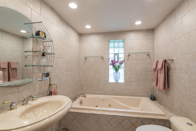 1090 Roselle Rd, Inverness, IL 60067 - full bathroom featuring a whirlpool tub, tile walls, and recessed lighting