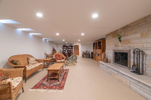 1090 Roselle Rd, Inverness, IL 60067 - living area featuring a stone fireplace and recessed lighting