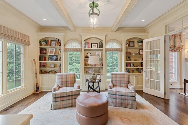 590 Merri Oaks Rd, Barrington Hills, IL 60010 - living area with healthy amount of natural light, wood finished floors, beam ceiling, crown molding, and built in features