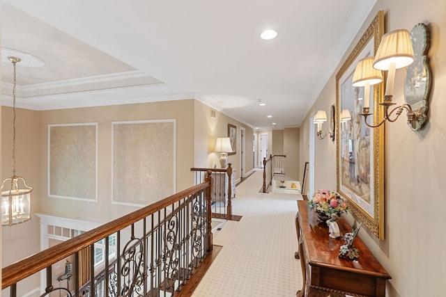 590 Merri Oaks Rd, Barrington Hills, IL 60010 - hall featuring an upstairs landing, recessed lighting, carpet flooring, ornamental molding, and a chandelier