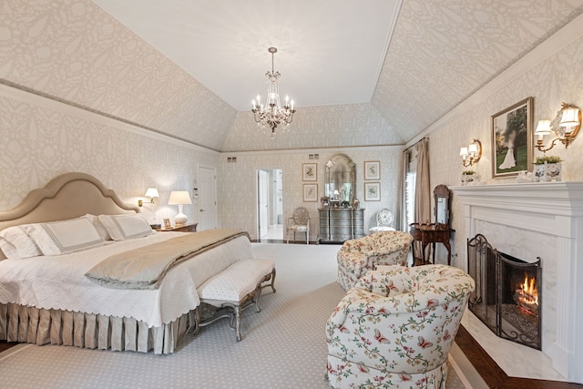 590 Merri Oaks Rd, Barrington Hills, IL 60010 - bedroom with a chandelier, wallpapered walls, a high end fireplace, and lofted ceiling